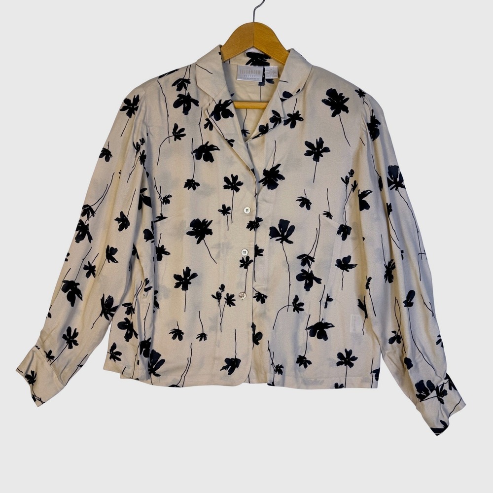 Elisabeth Petite by Liz Claiborne Beige‎ Black Button Up Shirt Blouse Size 14